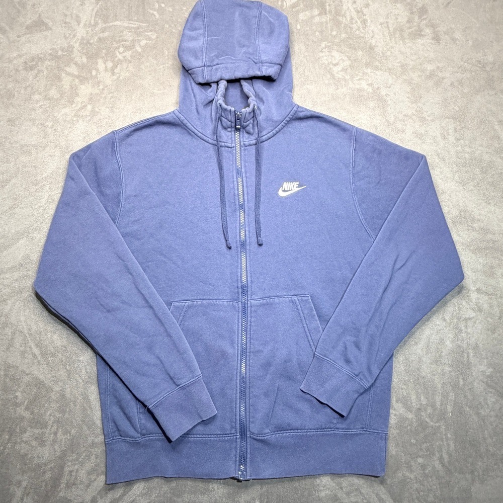 Nike Club Full Zip Hoodie Mens Small Blue Embroidered Logo Fleece Sweatshirt